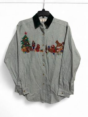 Vintage Holiday Embroidered Stripe Button-Up Shirt